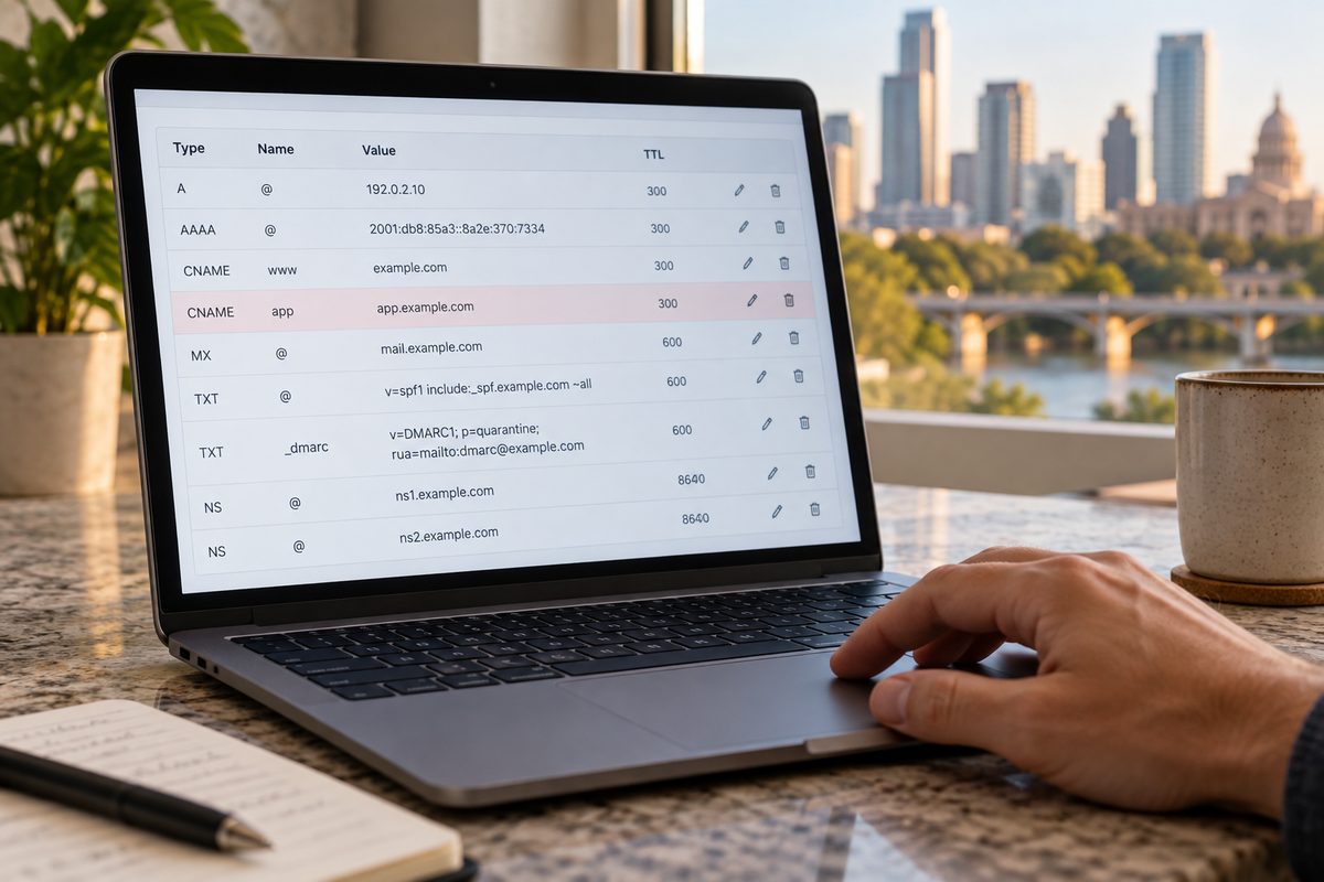 DNS record editor on screen with mail record rows