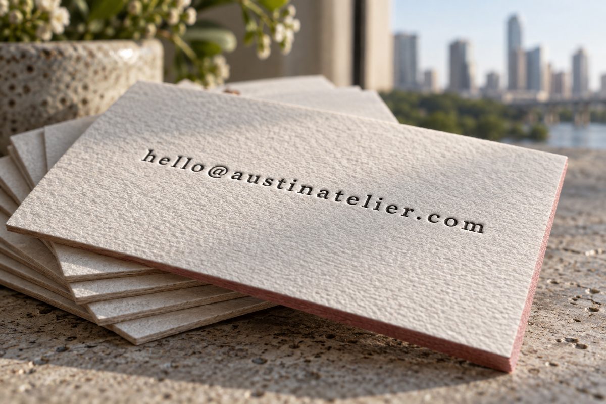 Stack of letterpress business cards with a debossed email address