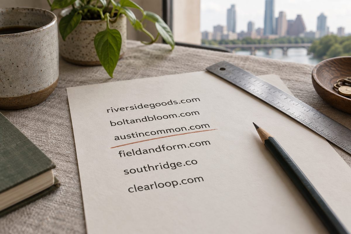Proof sheet of candidate domain names with one underlined in clay pencil