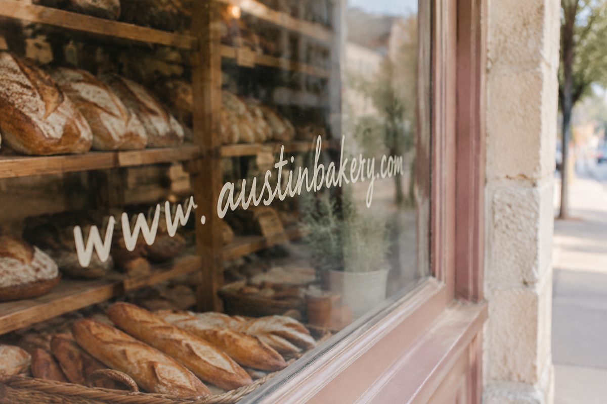 Bakery window with its web address hand-painted on the glass