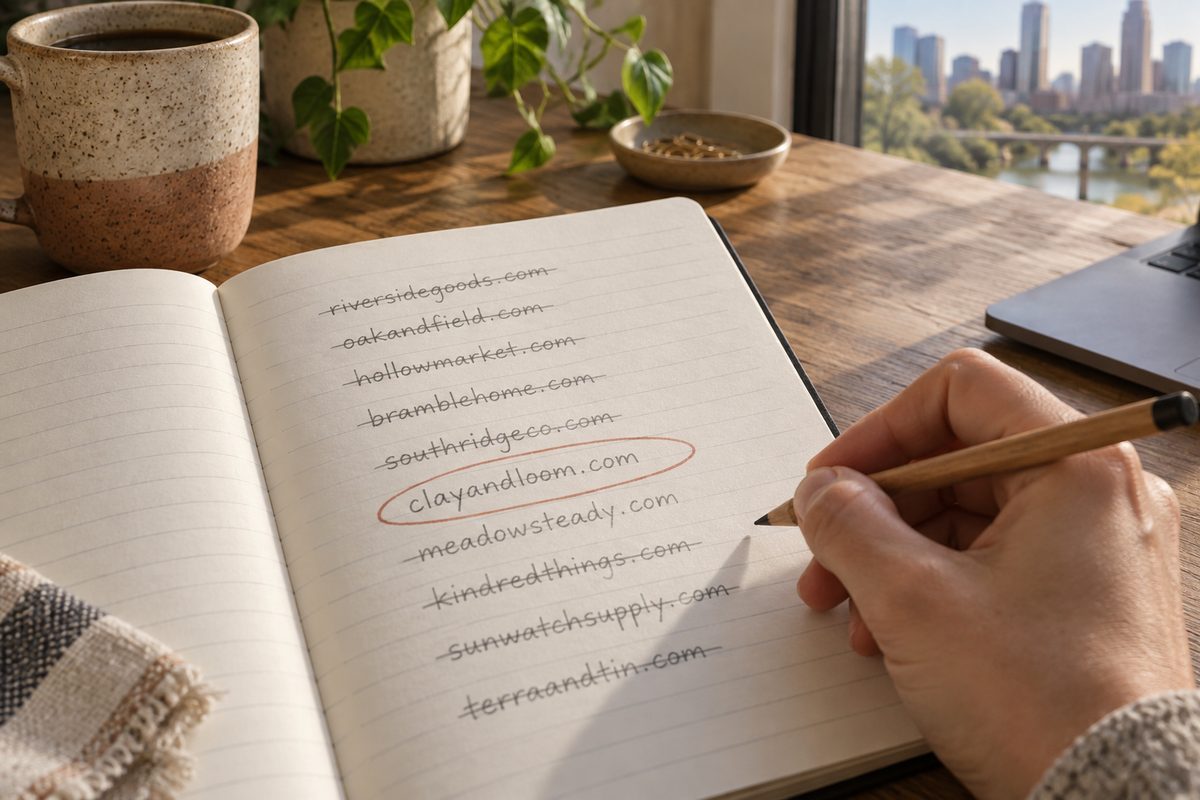 Notebook shortlist of domain names, most crossed out, one circled