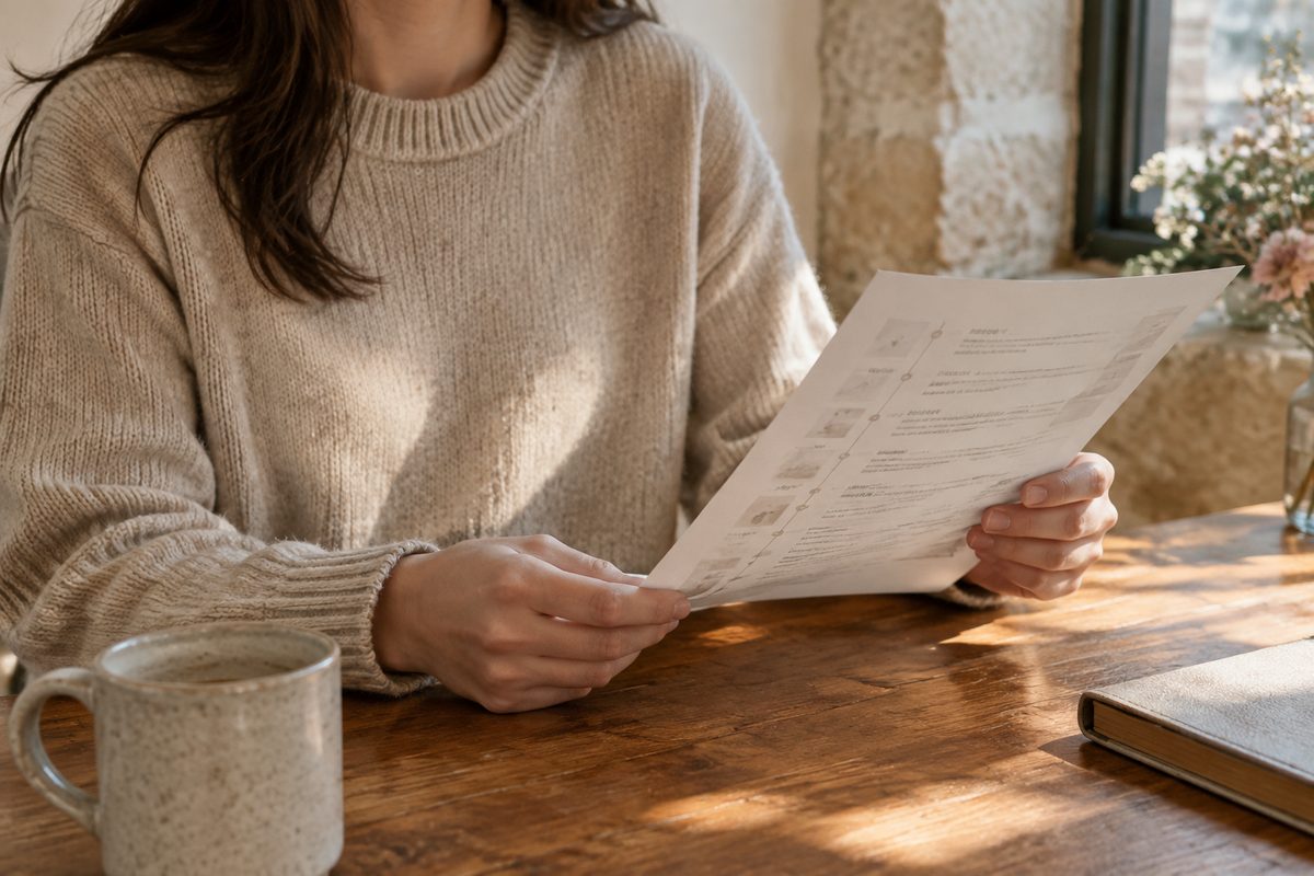 Buyer reading a printed domain history before making an offer