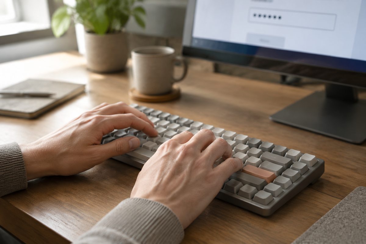 Hands typing a domain transfer authorisation code